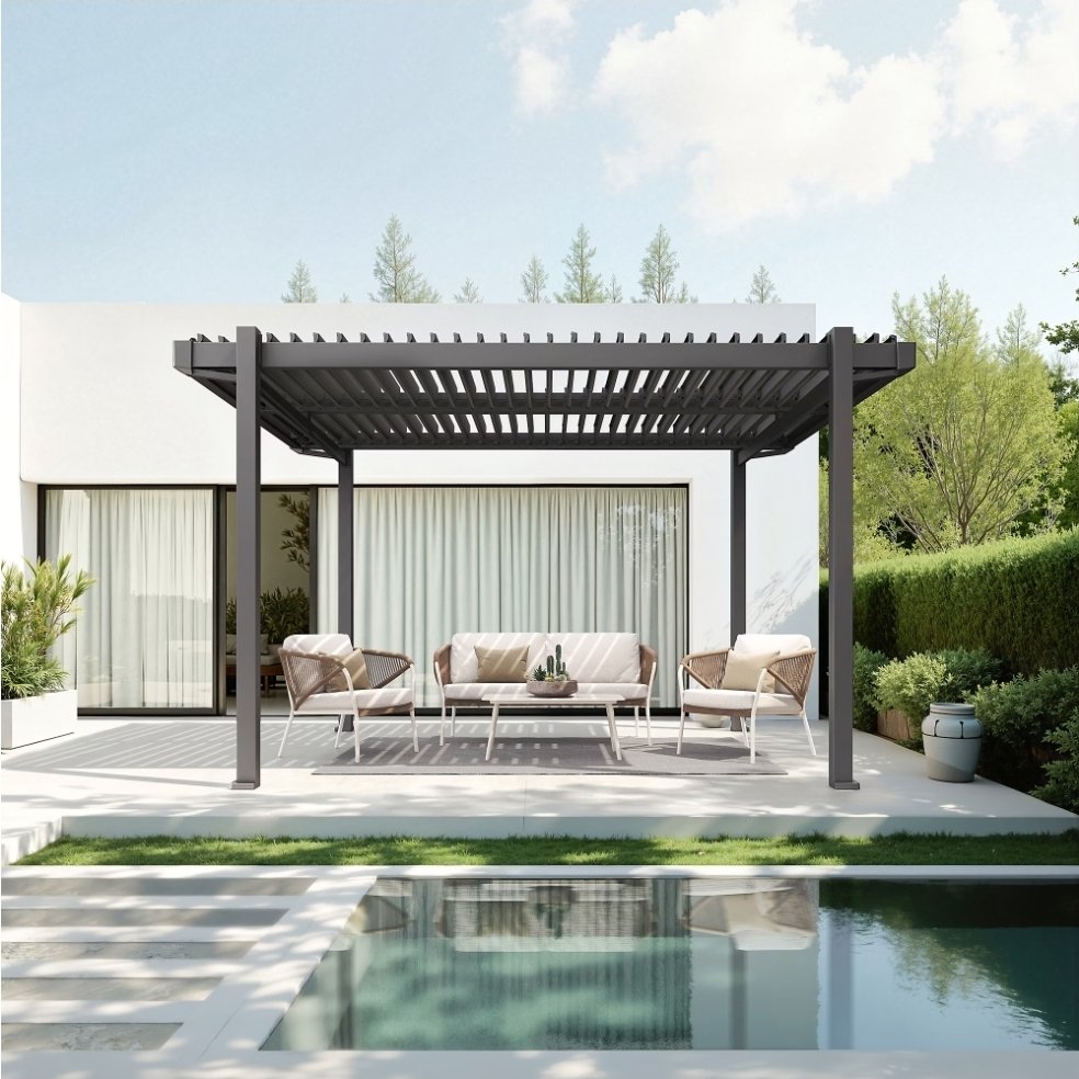 2026/09/6410.jpg Pergola bioclimatique autoportée aluminium et acier gris Fred 4 x 3 m – Image 1