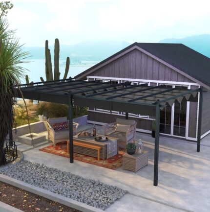 Pergola rétractable dim. 5,97L x 3,58l x 2,23H m structure robuste alu toile polyester haute densité 180 g/m² incluse gris
