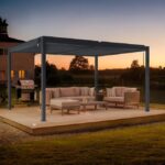 Pergola bioclimatique autoportée PIANA 4x3m aluminium gris - Lames orientables